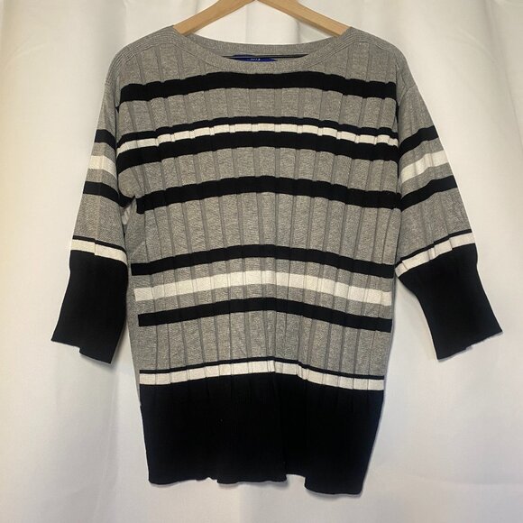 Apt. 9 Gray Black White Stripe Banded Bottom Womens L Sweater 3/4 Sleeve Rib EUC - Picture 1 of 9